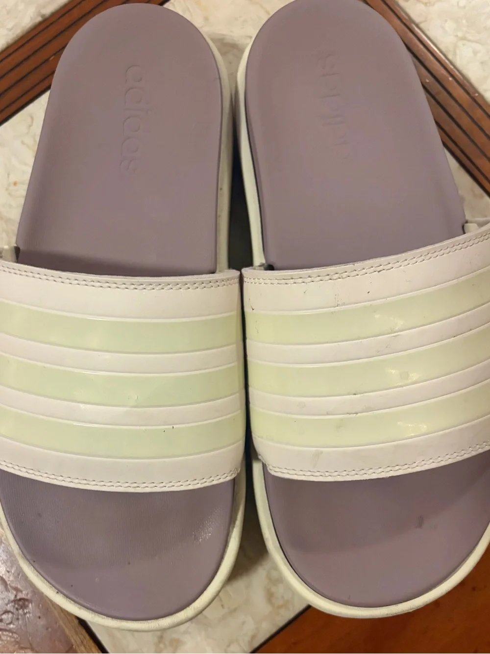 adidas Women’s Lavender Slide Sandals with White Stripes